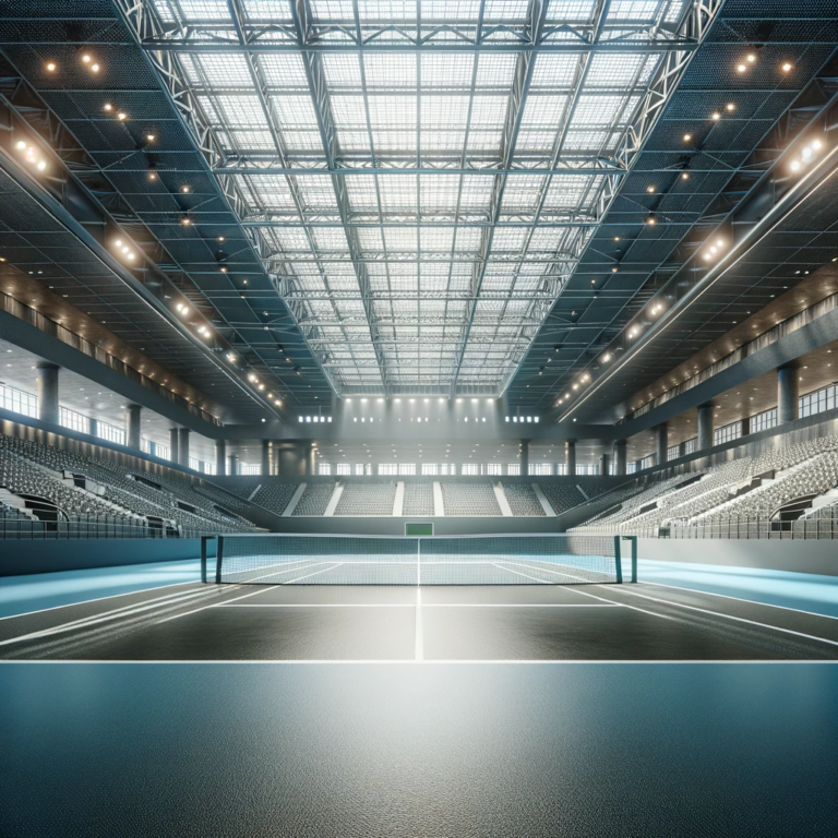Empty indoor tennis court with blue surface, seating area, illuminated ceiling undergoing construction.