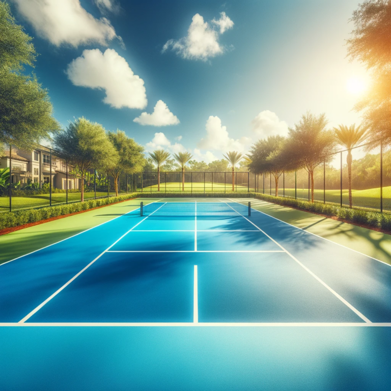 Sunlit tennis court with vibrant blue and green surfaces, undergoing court maintenance, surrounded by palm trees and residential buildings under a clear sky.