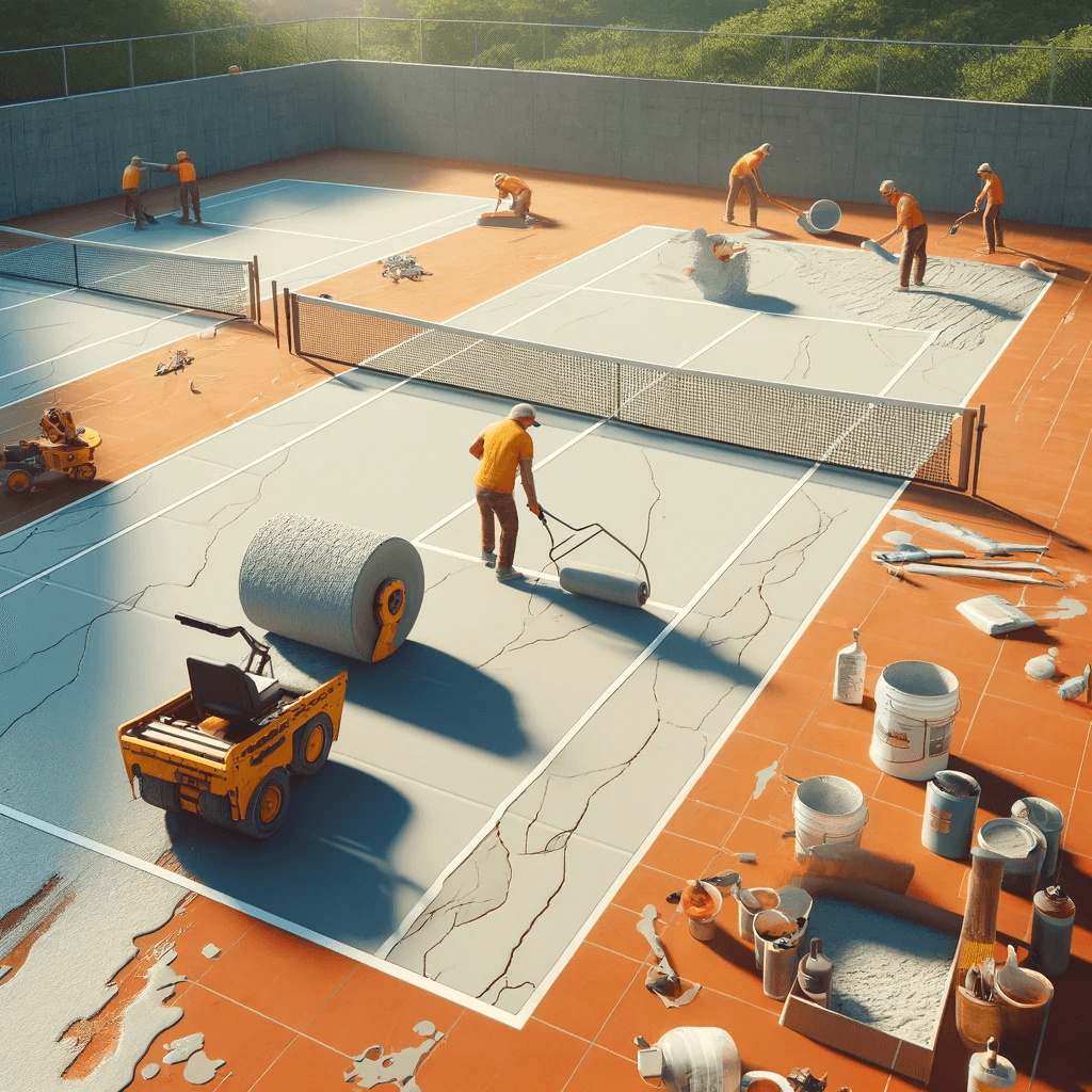 Workers in orange shirts and helmets are engaged in tennis court resurfacing, repairing cracks using rollers, cement, and other tools. This cost-effective solution has equipment and materials scattered around the court area.