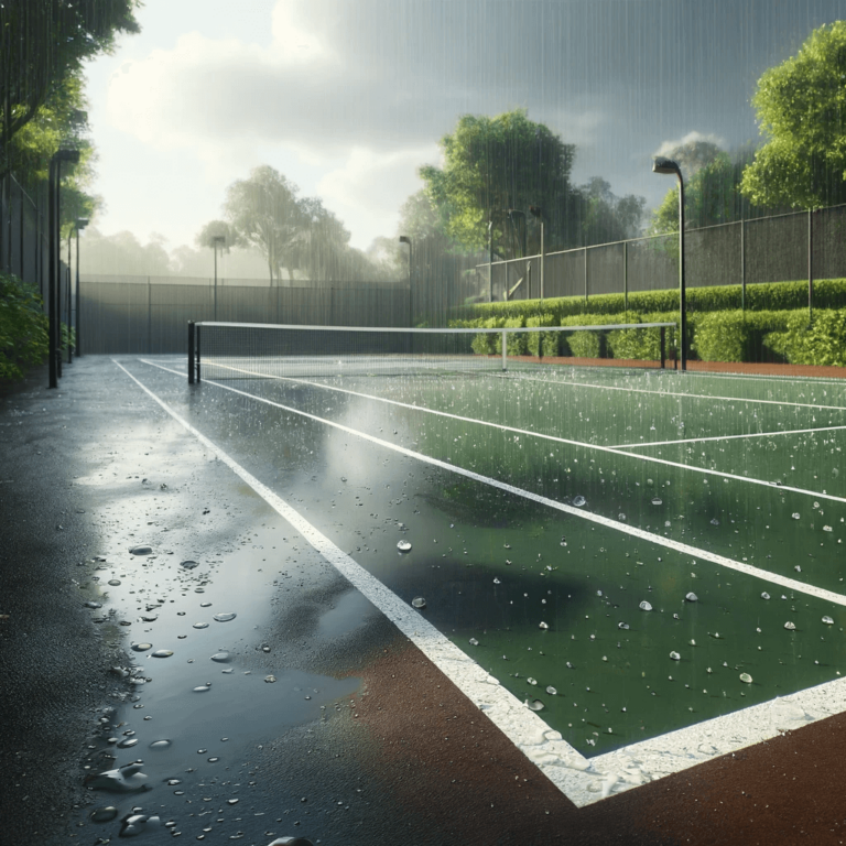 A wet, empty tennis court under rainy weather conditions, with visible raindrops and puddles on the surface affecting sports court performance. The surroundings include lush greenery and fences.