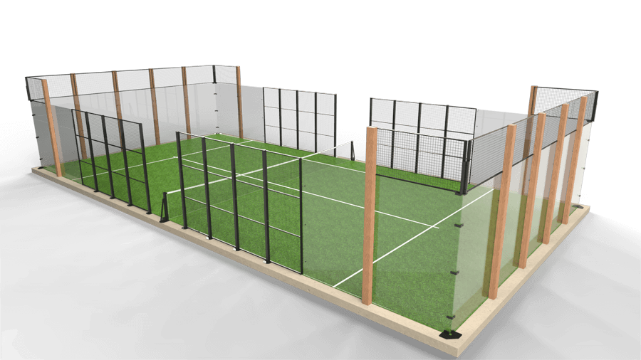 A fenced padel court with green artificial turf, surrounded by transparent glass panels and black mesh fencing, expertly crafted by skilled builders.