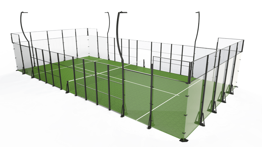 A rectangular padel court with high glass and metal fencing, crafted by a renowned builder, featuring green artificial turf and overhead lights.