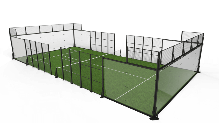 Discover a masterfully built outdoor padel court, featuring lush artificial grass and sleek glass walls, all elegantly enclosed by sturdy black fencing.