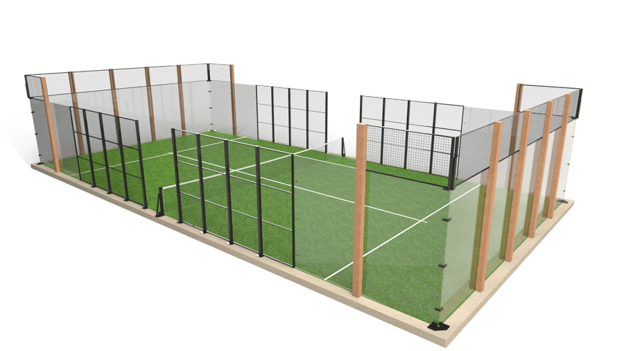 A 3D rendering of a rectangular padel court with green artificial turf, glass walls, and wooden pillars, showcasing an indoor residential padel court installation.