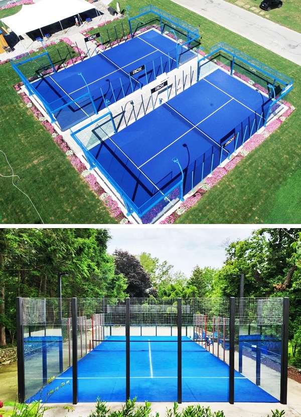 Two images of padel courts. The top image shows two adjacent courts with vibrant blue surfaces, surrounded by fencing. The bottom image features a single blue court enclosed by a wire fence in a natural residential setting, showcasing premium outdoor padel court installation.